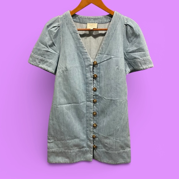 Cute Sezane Vennila denim chambray chunky tortoise button puff sleeve mini dress - Picture 2 of 11
